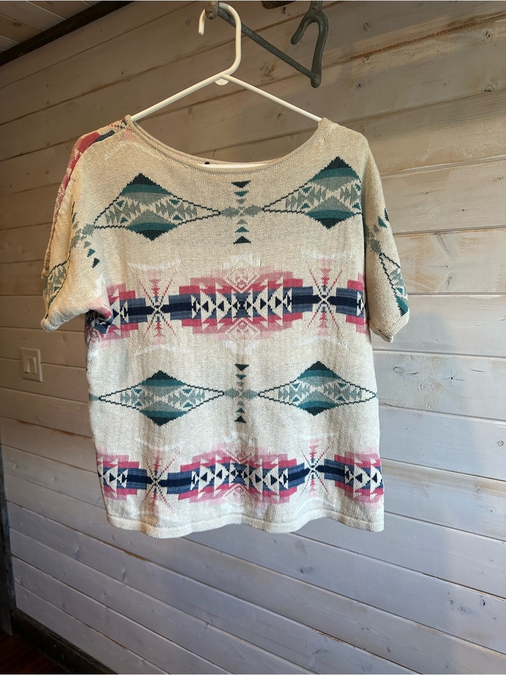 Chaps | Aztec Print Linen Blend Short Sleeve Knit Top